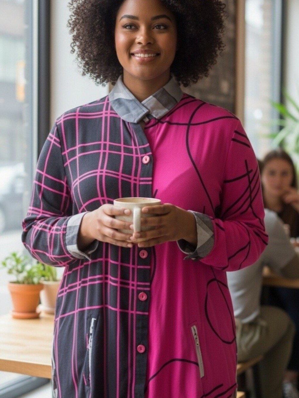Lemon Grass Women's Two-Tone Pink & Black Patterned Button Jacket